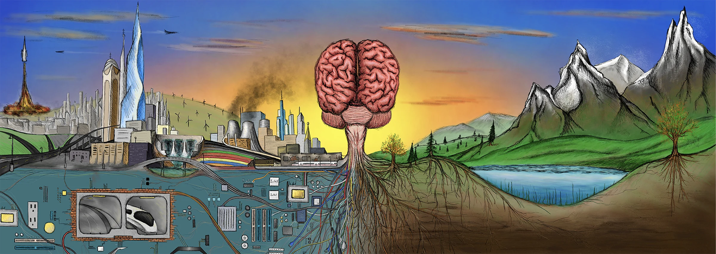 Illustrated process image combining technology, roots, city structures, and landscape.