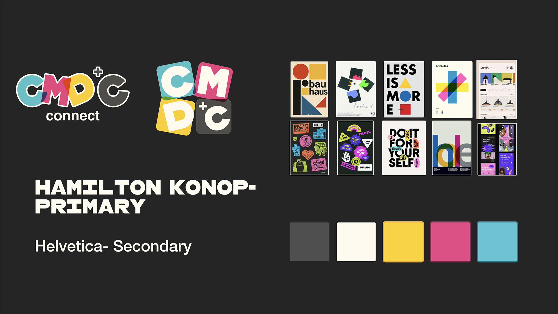 CMD+C mobile app screen presentation with home, inspiration, events, and jobs screens.