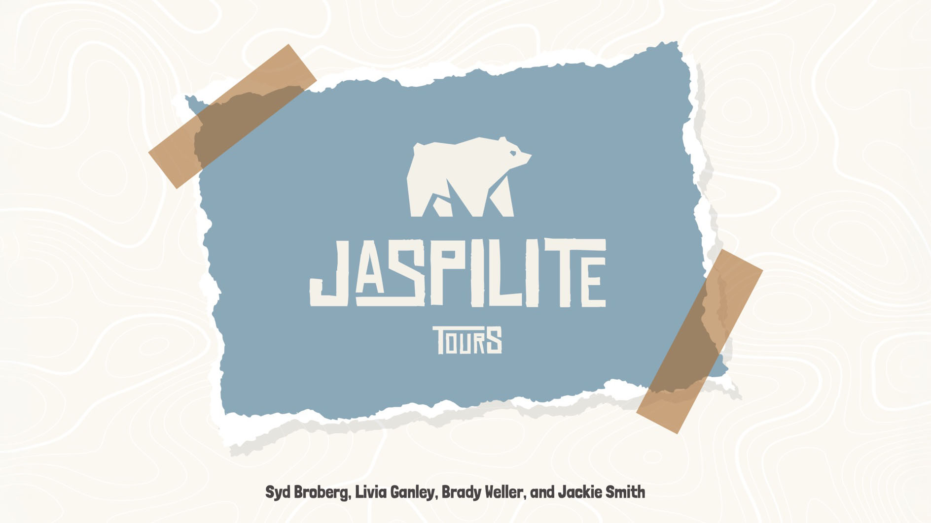 Jaspilite Tours brand screen with bear logo and map-inspired graphics.