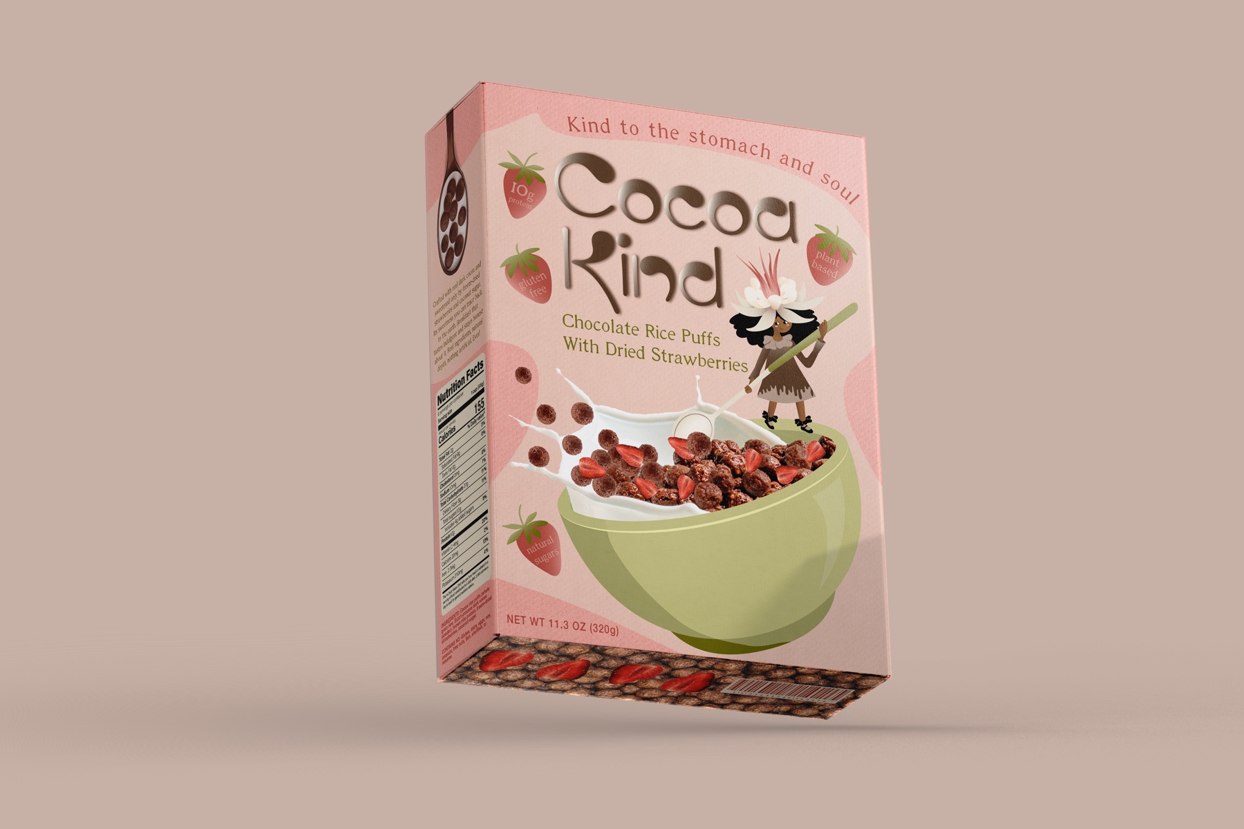 Cocoa Kind cereal box mockup shown in a packaging presentation scene.