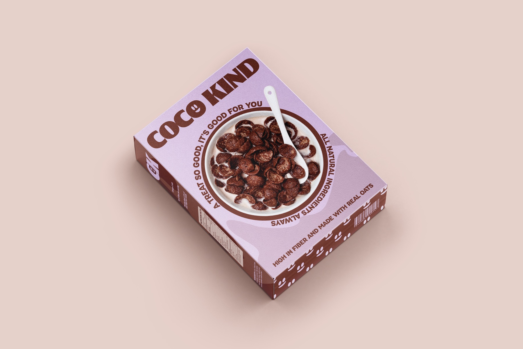 Coco Kind cereal box mockup shown in a packaging presentation scene.