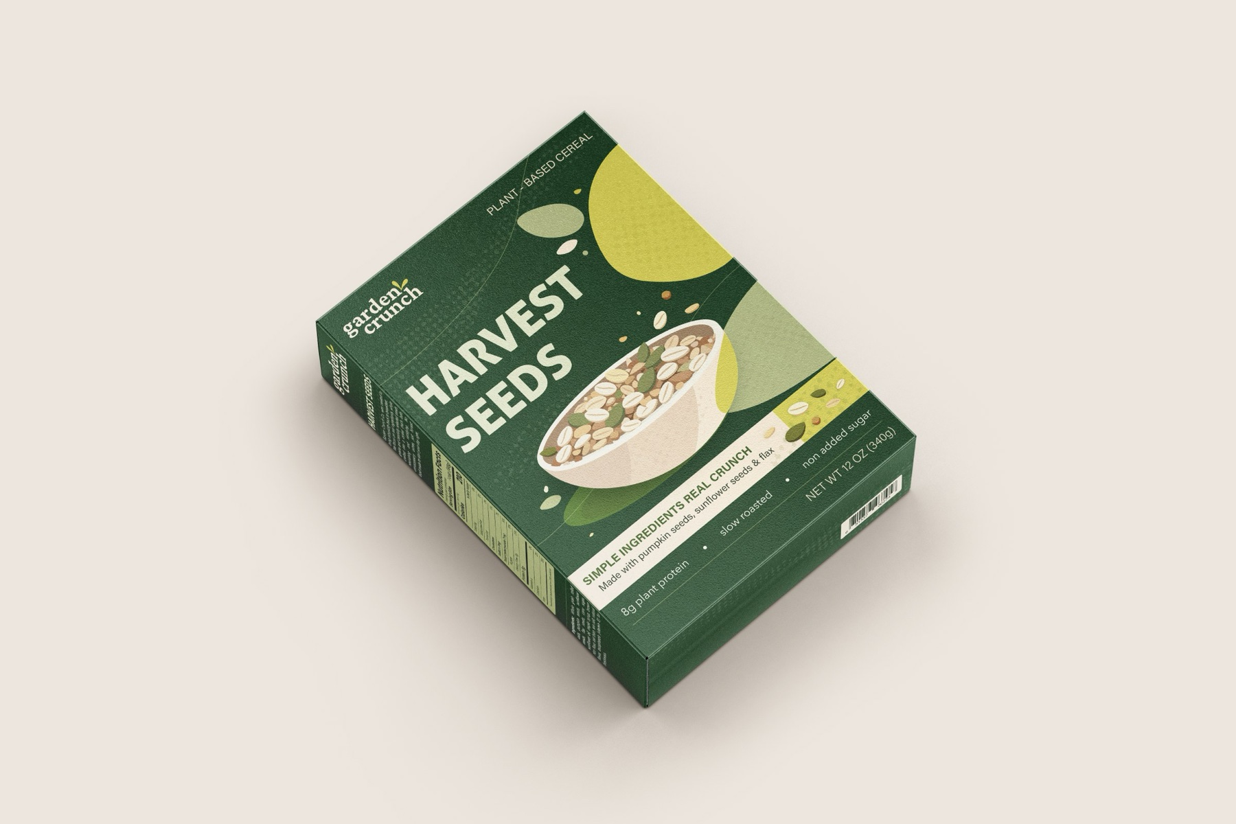 Garden Crunch cereal box mockup shown in a packaging presentation scene.