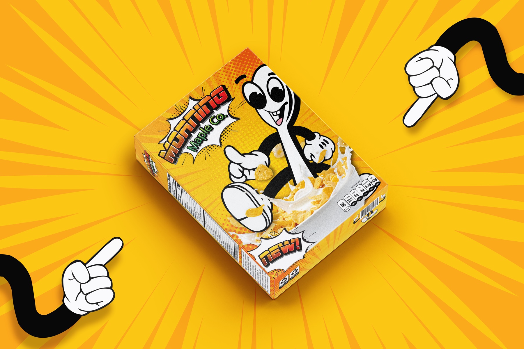 Maple Morning Co. cereal box mockup shown in a dark packaging presentation scene.