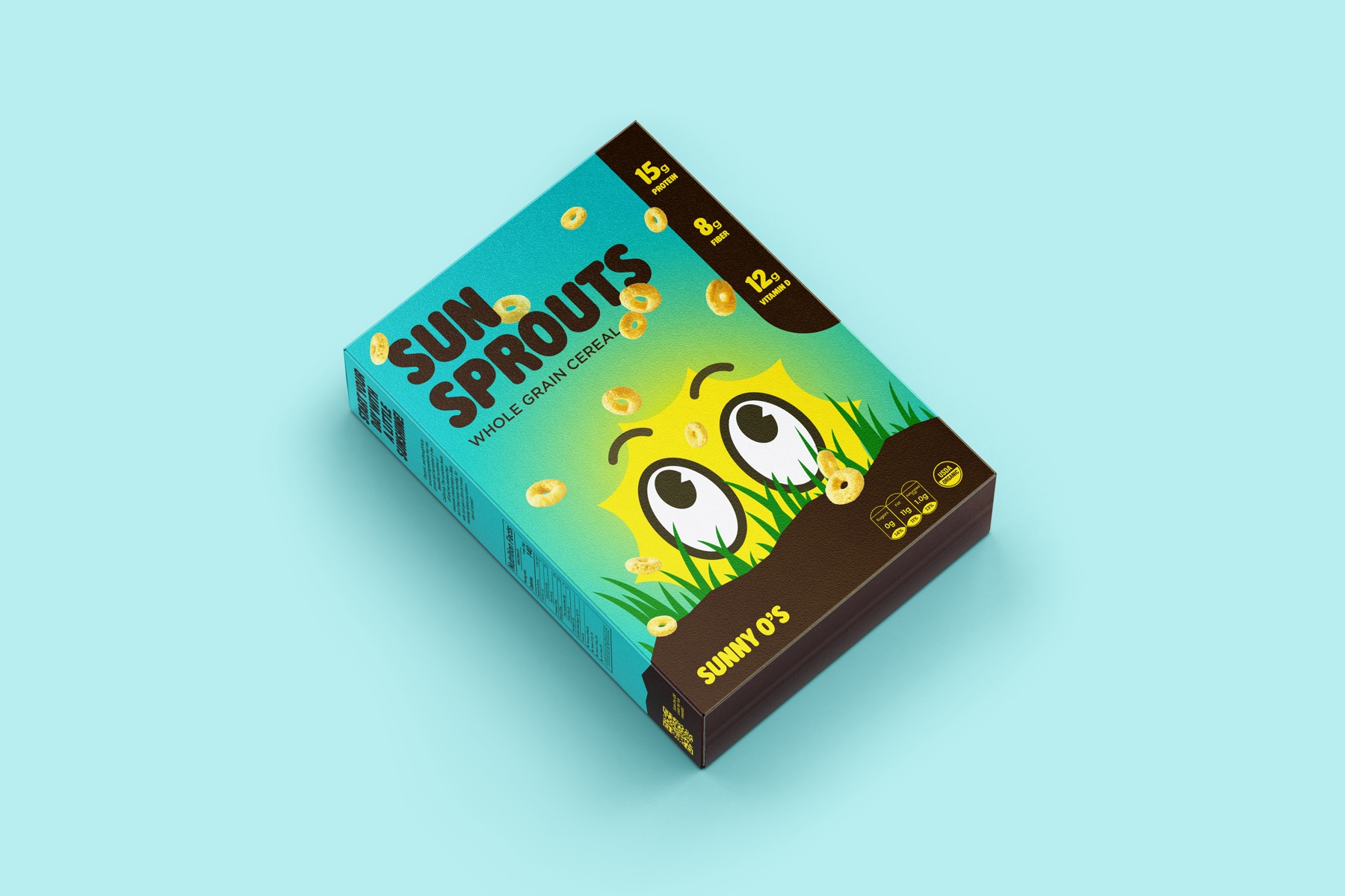 Sun Sprouts cereal box mockup shown in a packaging presentation scene.