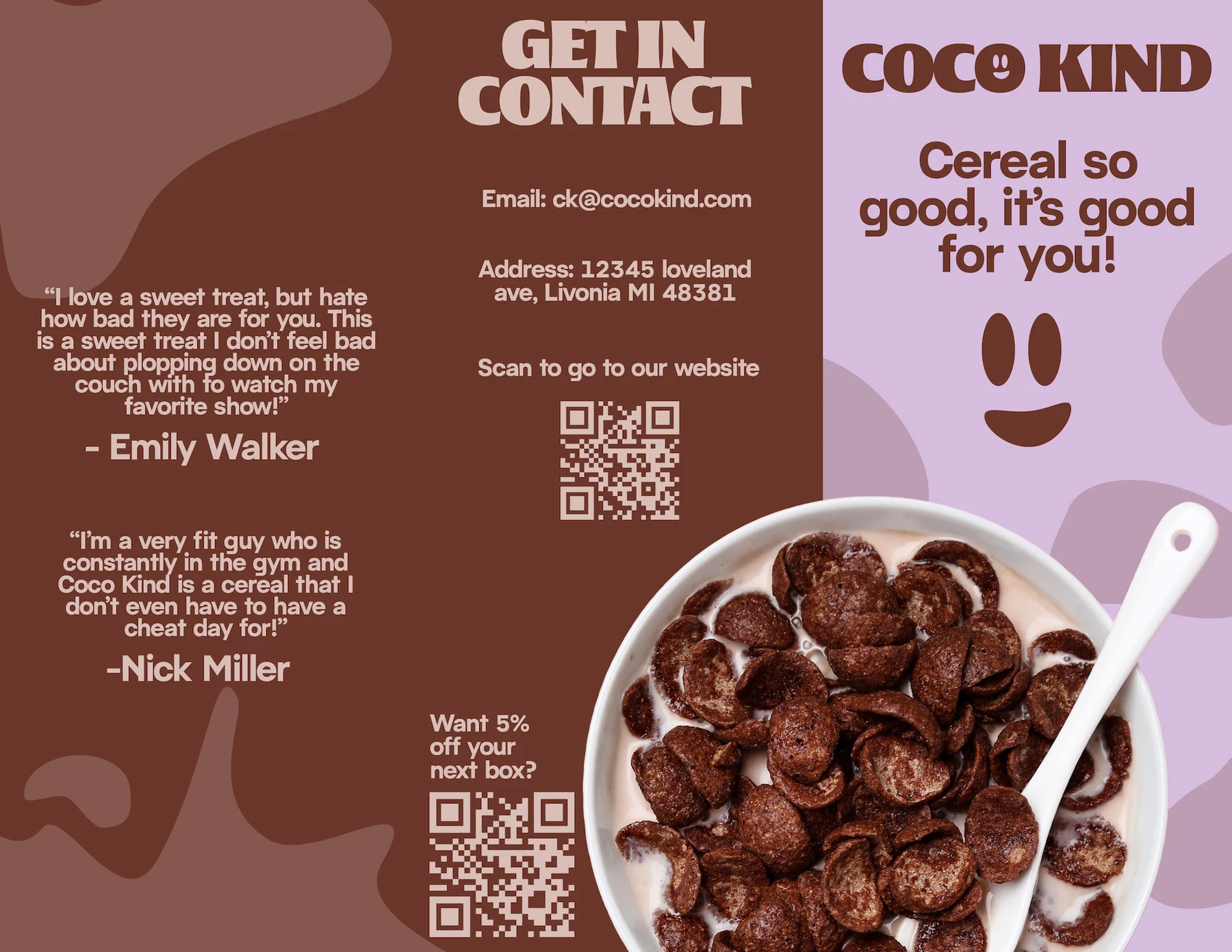 Coco Kind trifold brochure with testimonials, contact information, and cereal imagery.