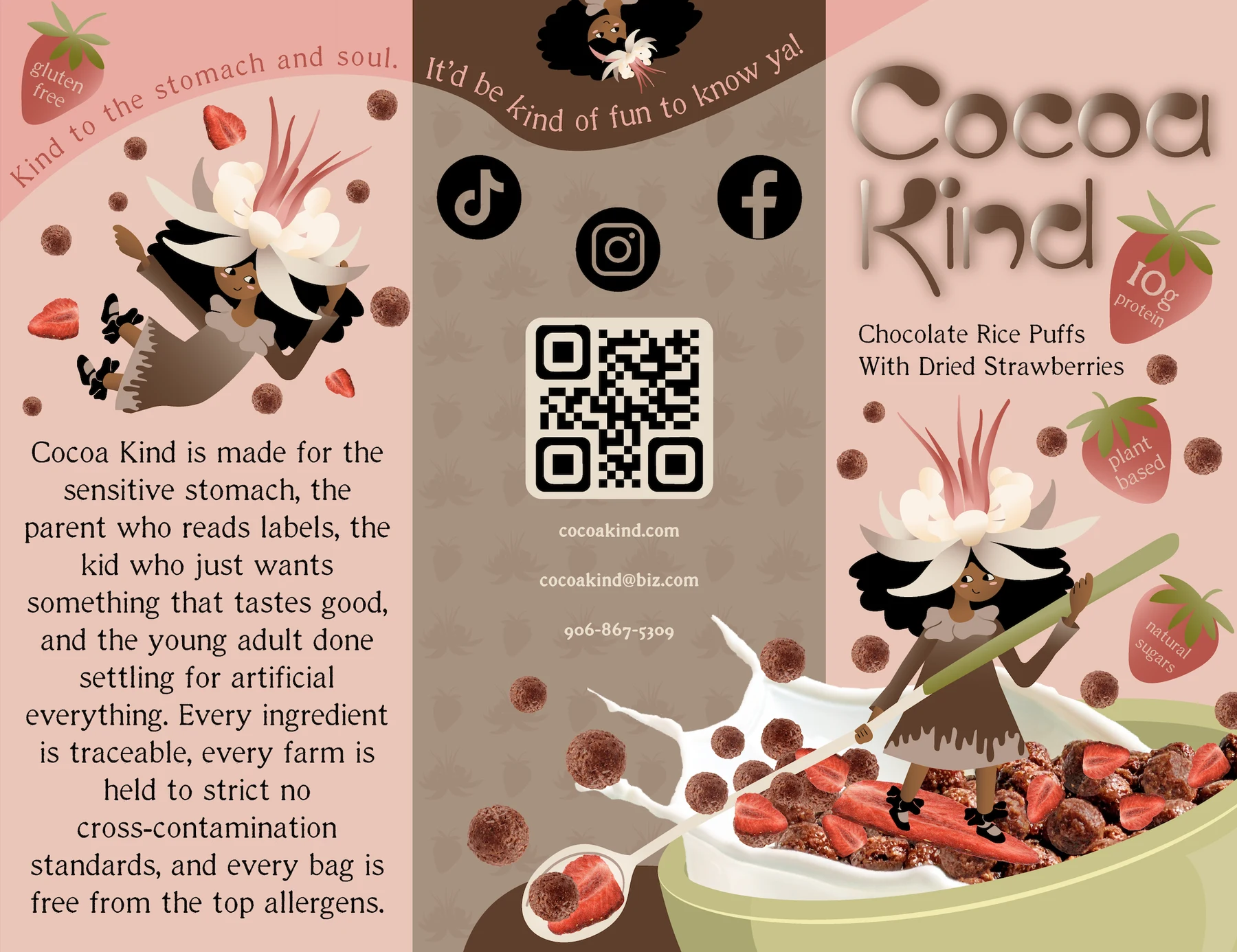 Cocoa Kind trifold brochure with brand messaging, QR code, and cereal product illustrations.