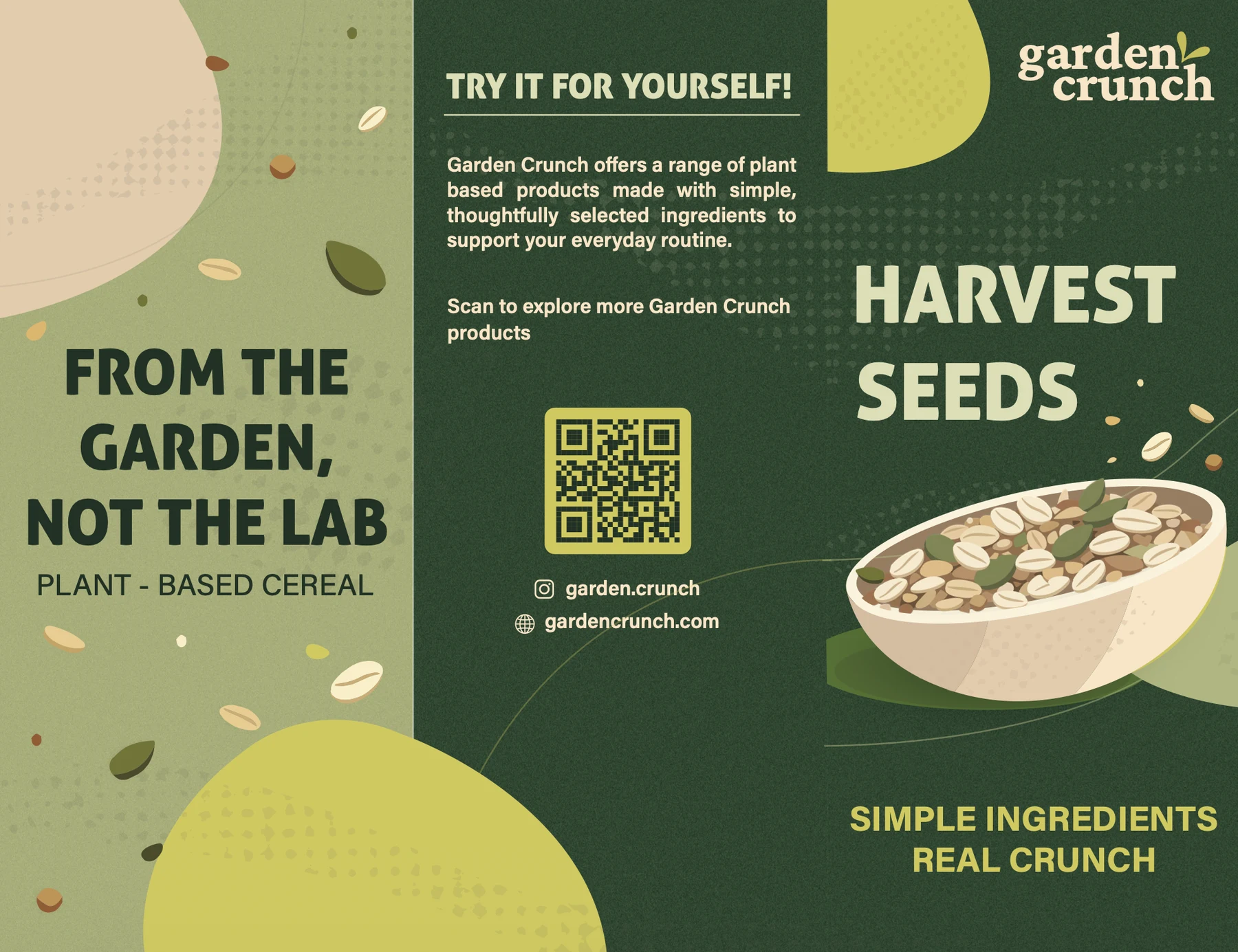 Garden Crunch trifold brochure with plant-based cereal messaging, QR code, and product illustration.