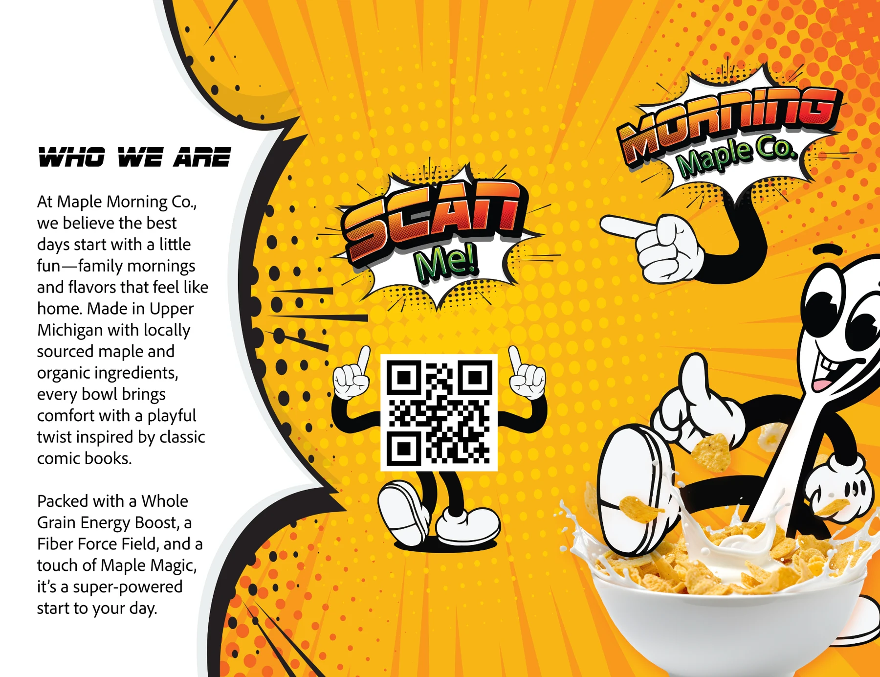 Maple Morning Co. trifold brochure with comic-inspired cereal branding and a QR code.
