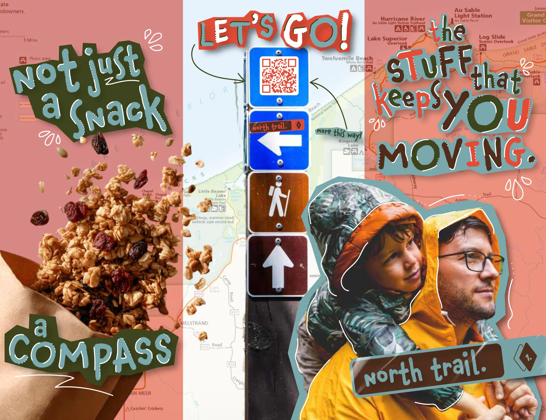 North Trail trifold brochure with hiking map imagery, trail snack messaging, and a QR code.