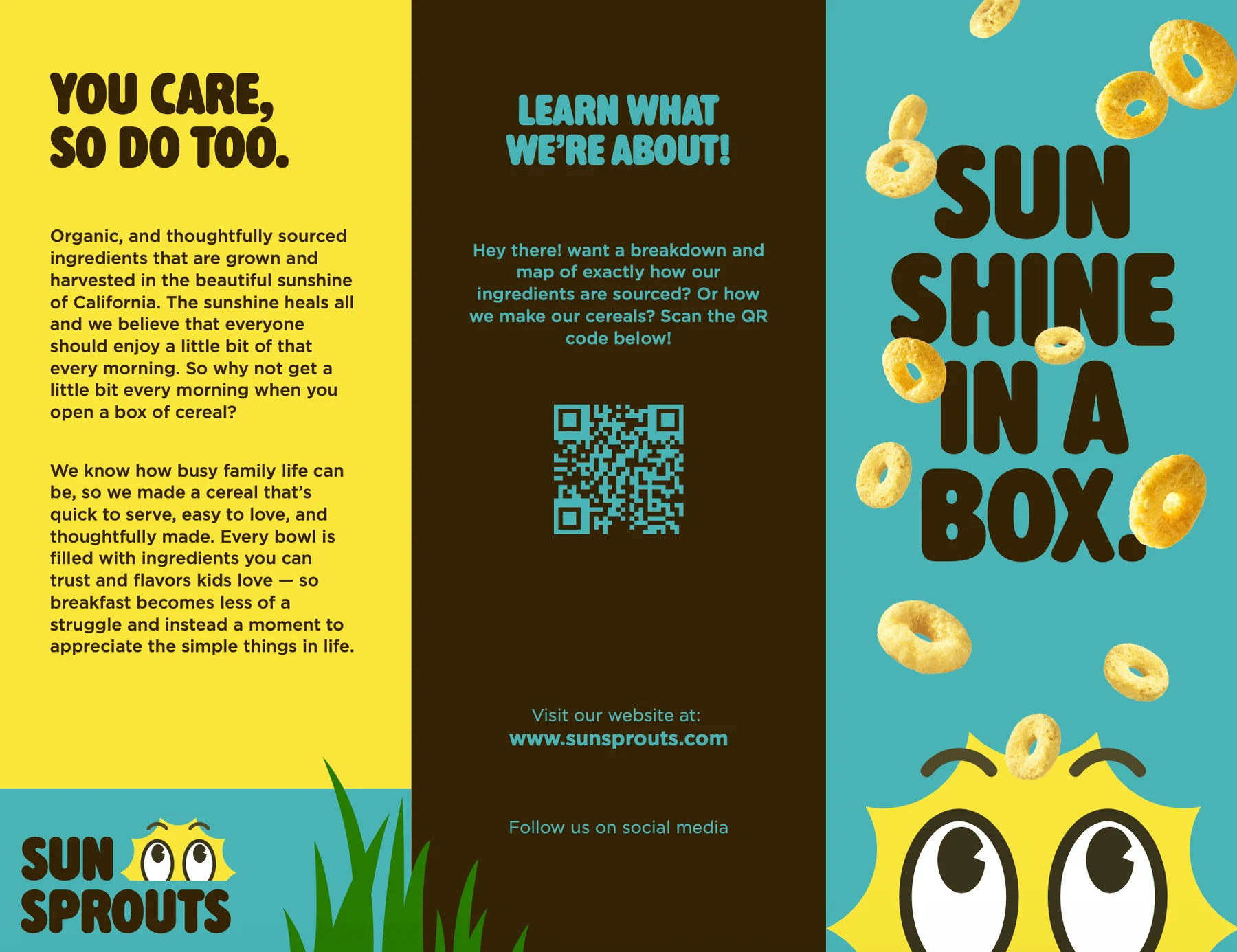 Sun Sprouts trifold brochure with cereal ingredient messaging, QR code, and character illustration.