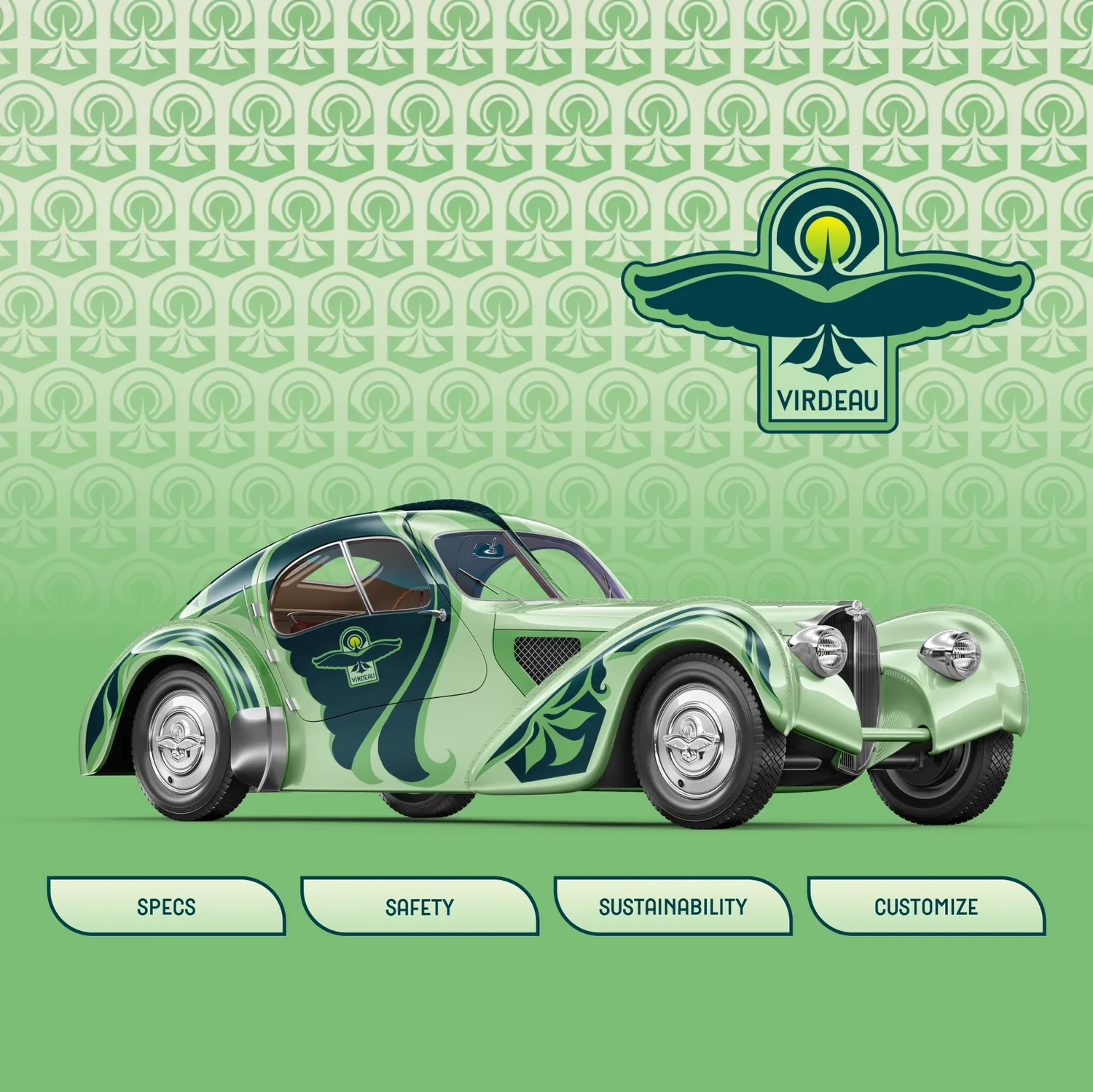 Virdeau interface project preview with a green branded vehicle mockup, repeated logo pattern, and navigation buttons.