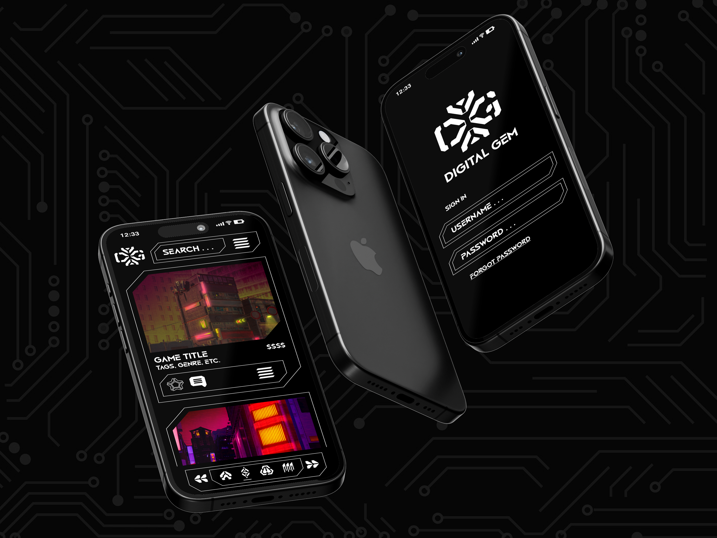 Sci-fi interface direction shown in a device mockup.