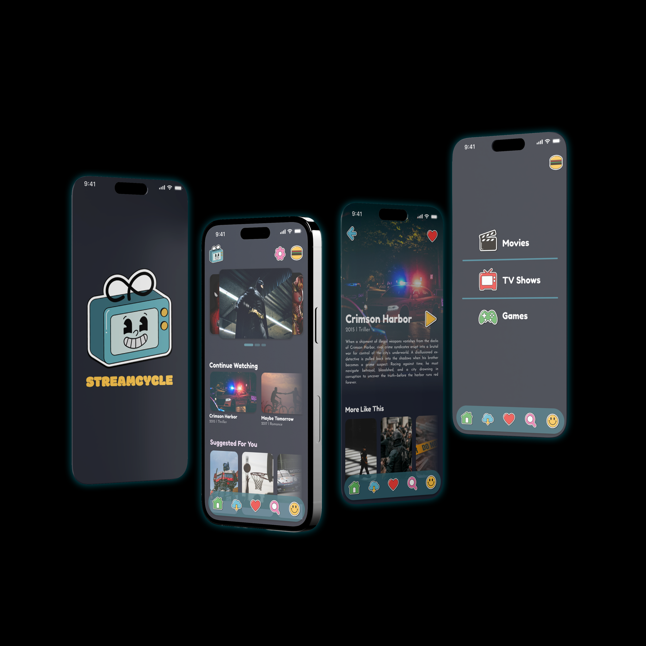 Entertaining movie app direction shown in a presentation mockup.