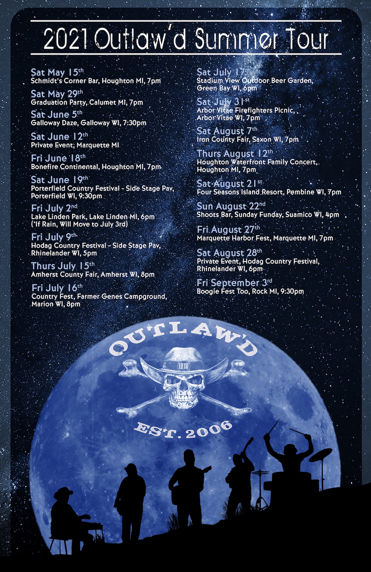 Outlaw'd 2021 Summer Tour poster with starry background, show dates, moon graphic, and band silhouettes.