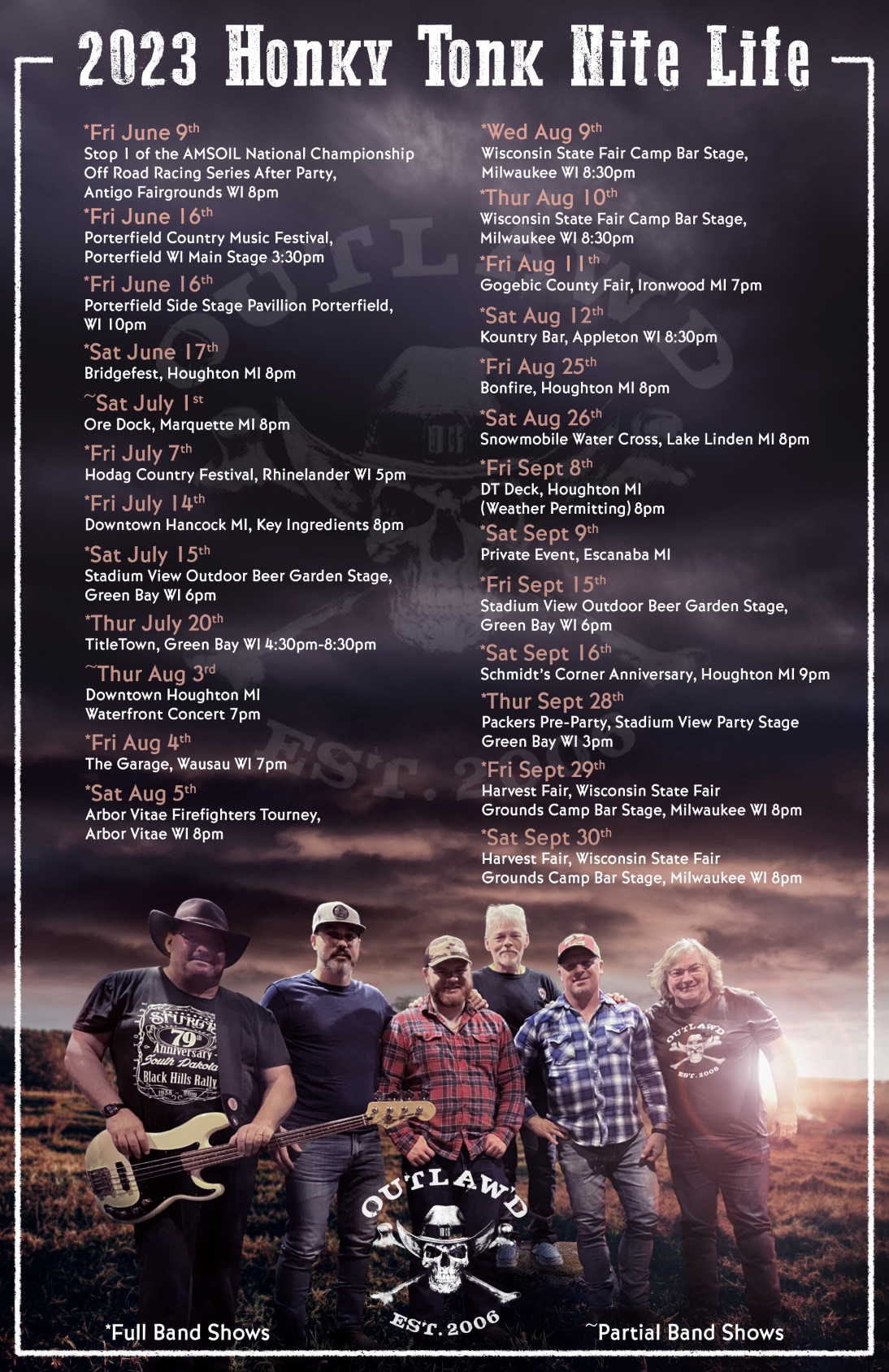 Outlaw'd 2023 Honky Tonk Nite Lite poster with show dates, stormy sky, and band portrait.