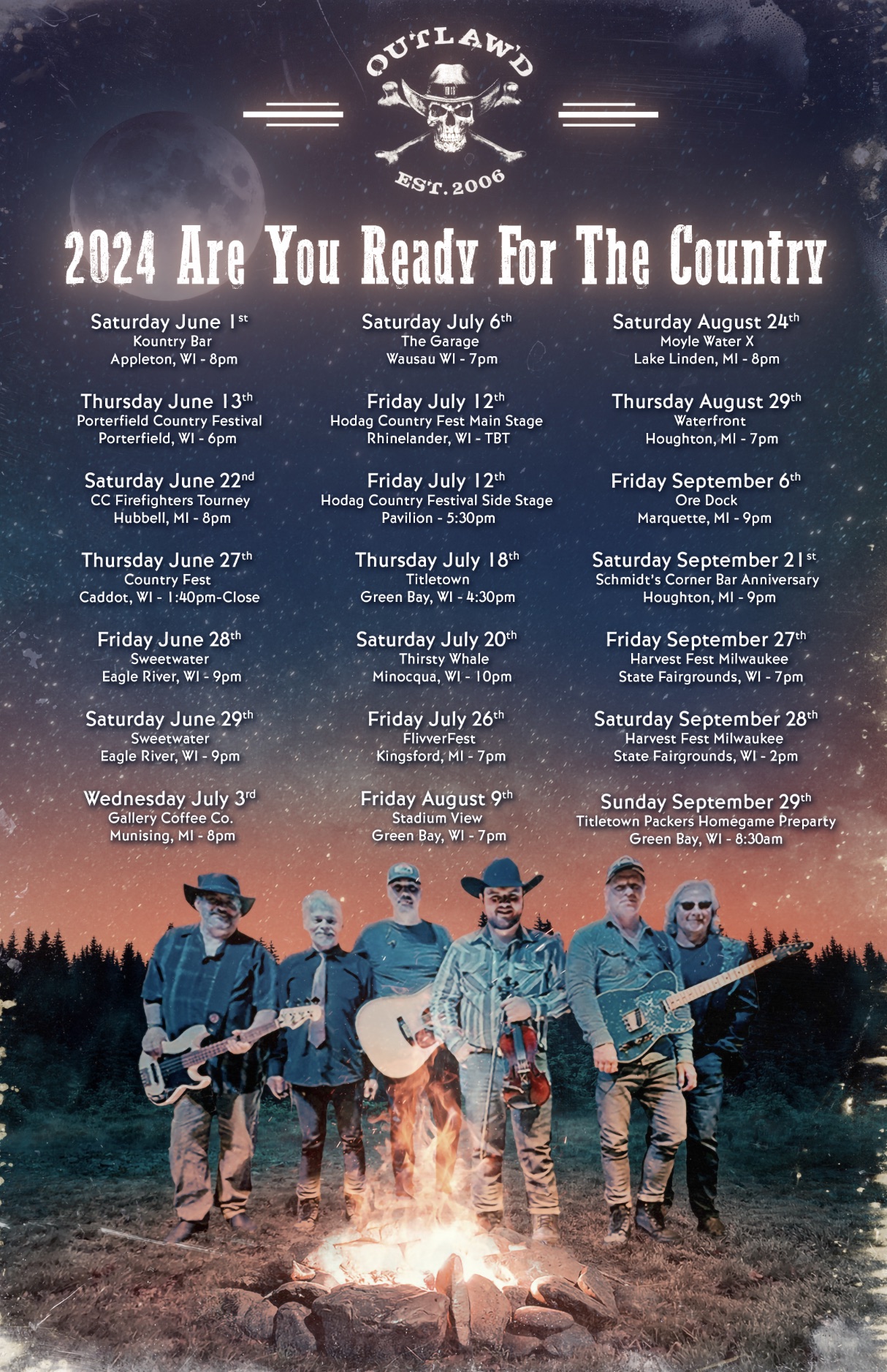 Outlaw'd 2024 poster with moonlit background, show dates, campfire foreground, and band portrait.