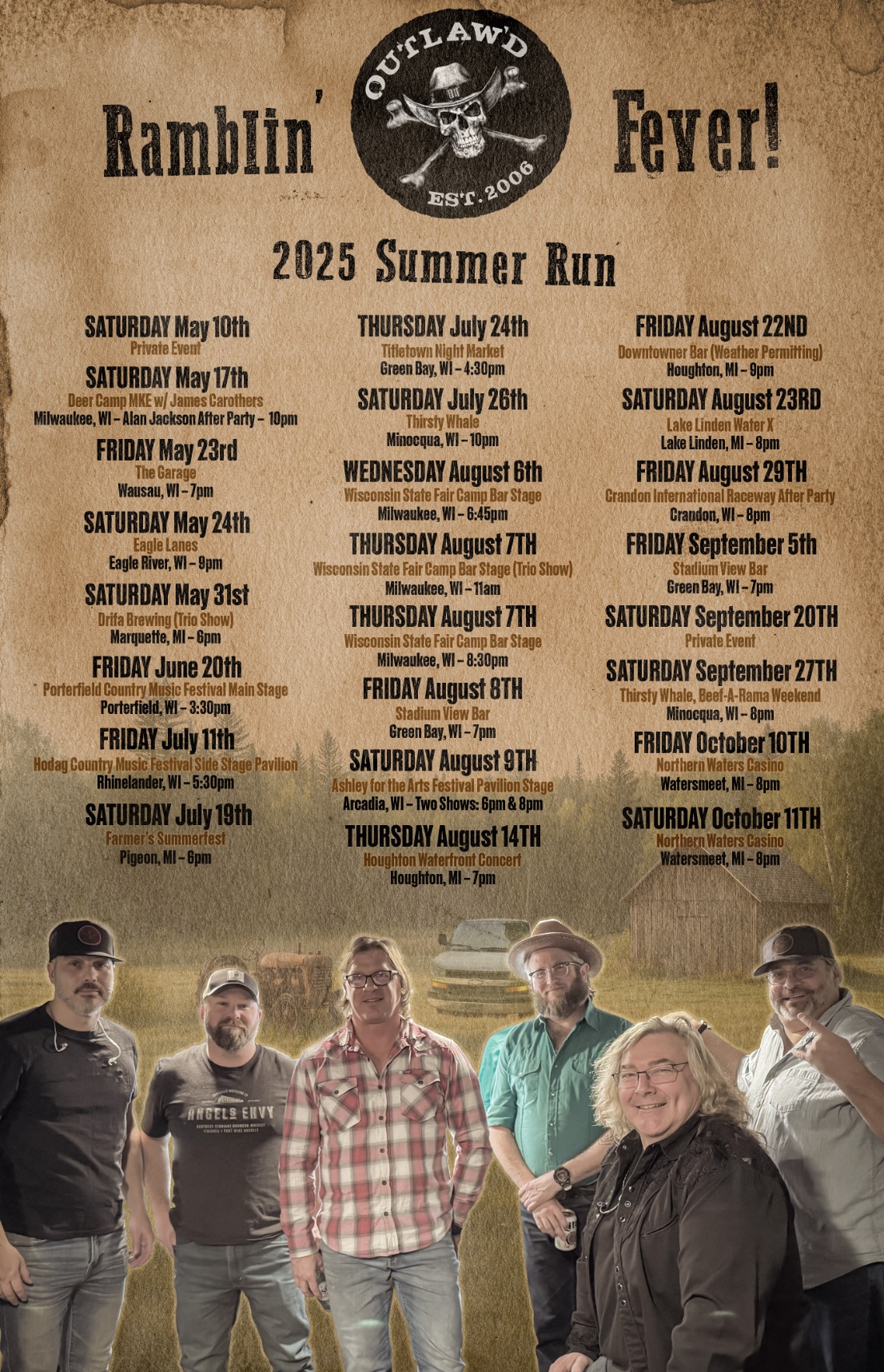 Outlaw'd 2025 Summer Run poster with a parchment texture, show dates, and band portrait at the bottom.