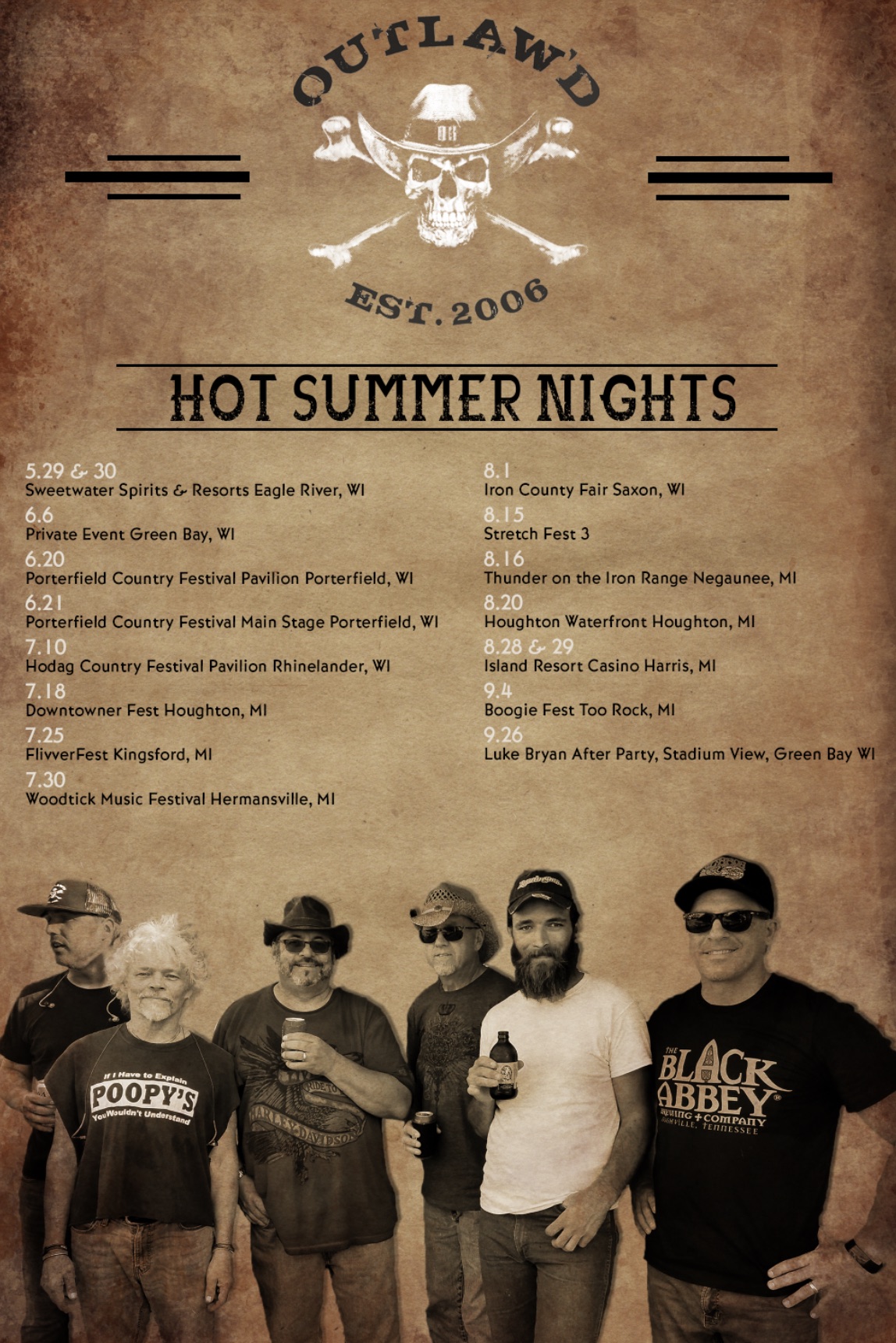 Outlaw'd 2022 Hot Summer Nights poster with parchment background, show dates, logo, and band photograph.
