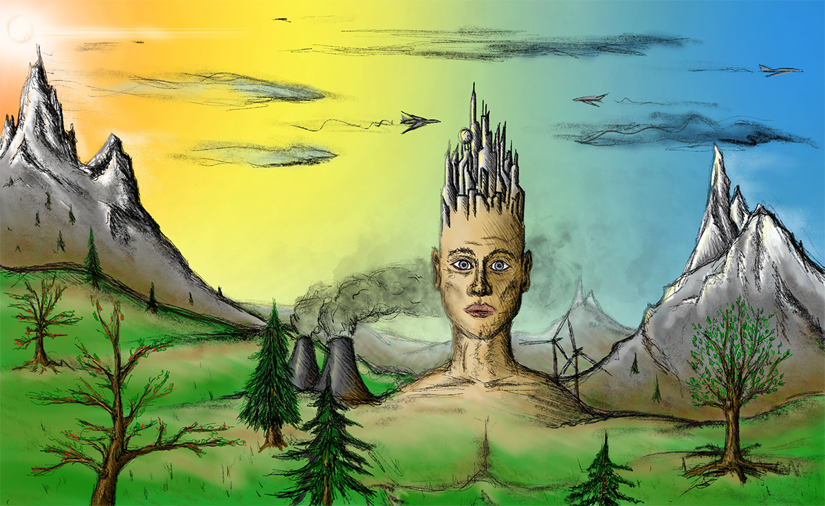 Landscape digital illustration of a human head, mountains, trees, smoke, and wind turbines.