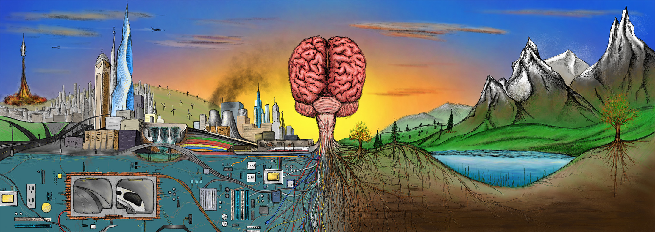 Panoramic digital illustration of a city, brain, technological infrastructure, mountains, and roots.