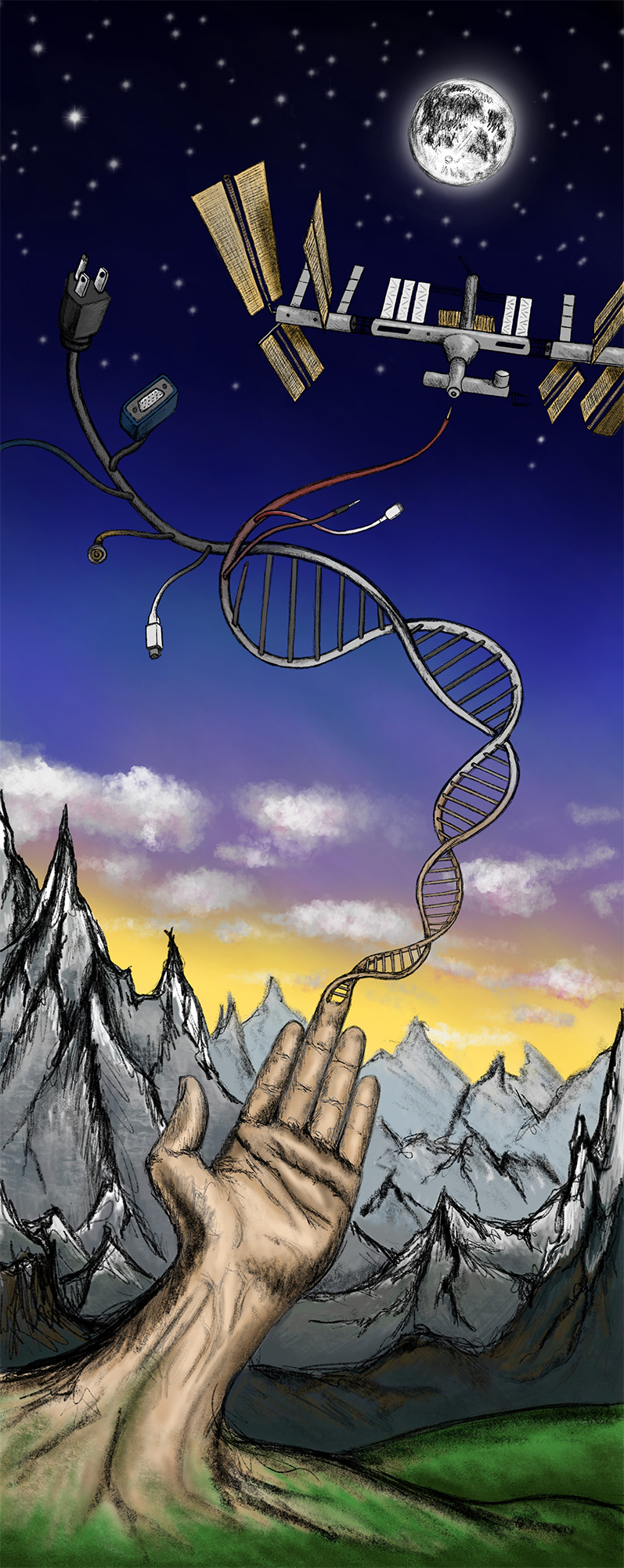 Vertical digital illustration of a hand reaching toward a DNA form, cables, satellite, moon, and mountains.