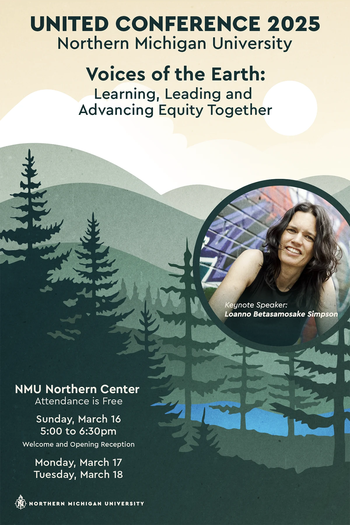 Finished United Conference 2025 poster with type, landscape illustration, and keynote speaker image.