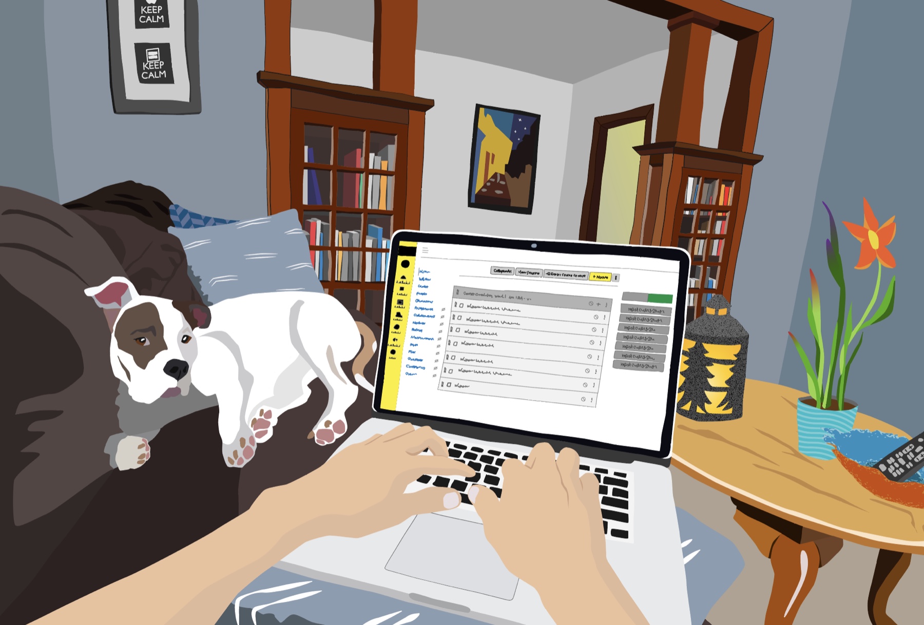 Finished vector illustration of working on a laptop beside a dog.