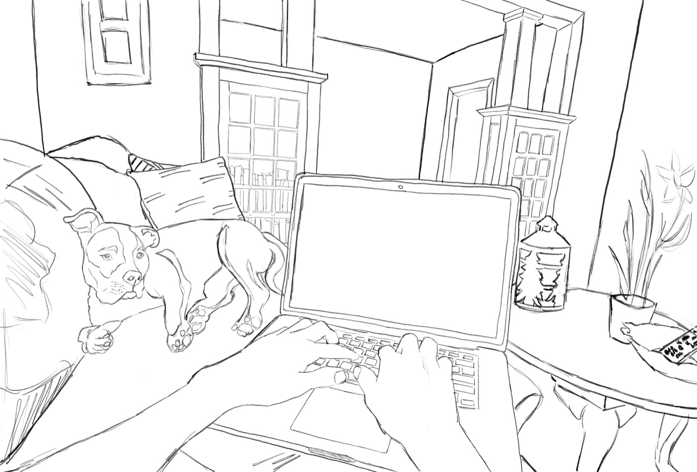 Sketch for the laptop and dog interior scene.