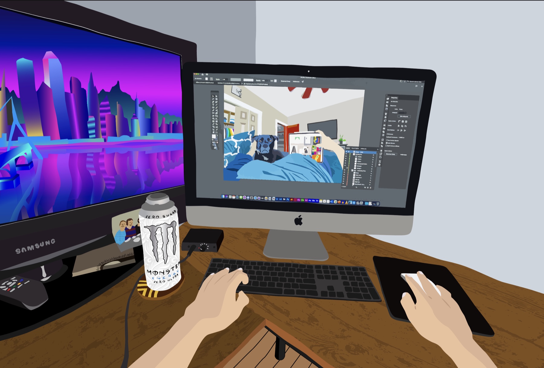 Finished vector illustration of a desktop workstation with an Illustrator file open.