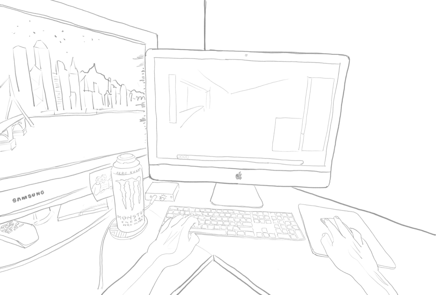 Sketch for the desktop workstation interior scene.