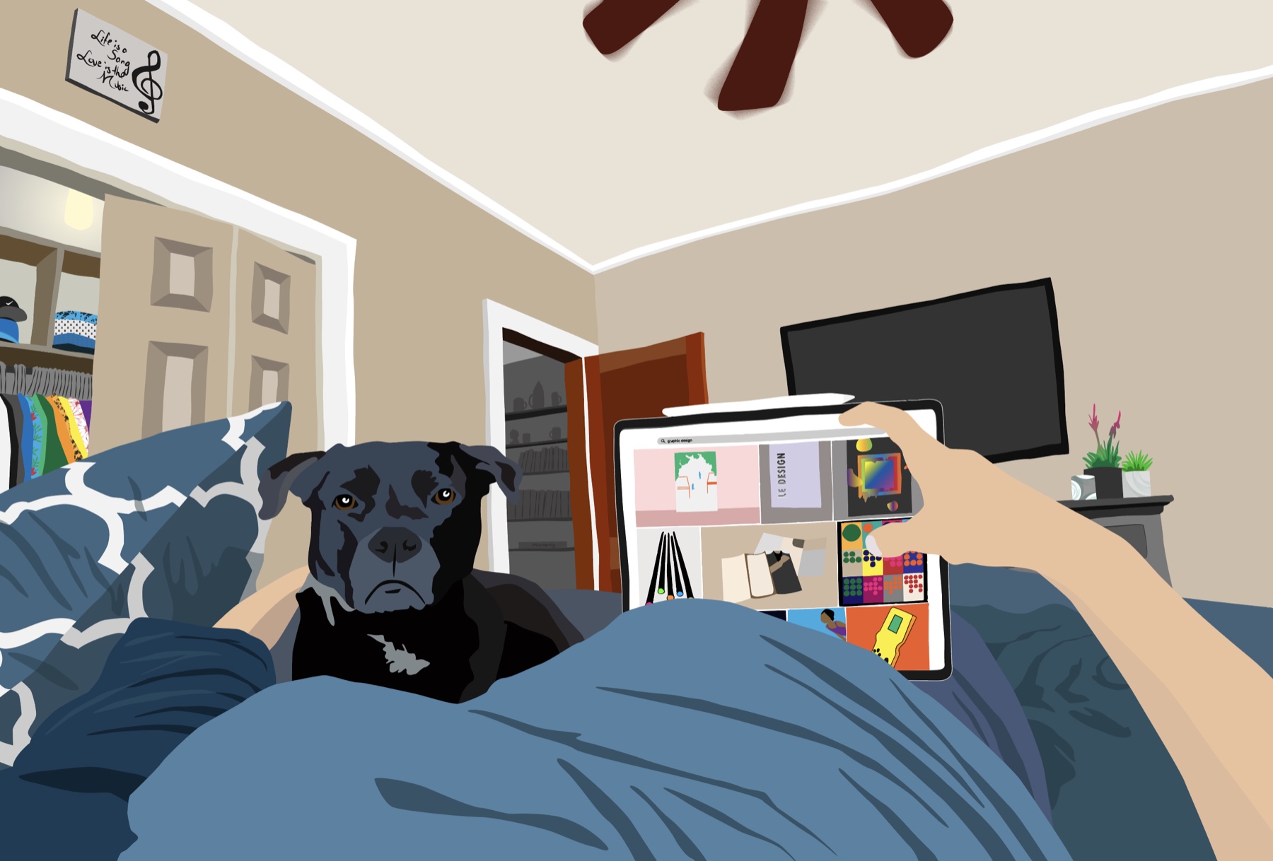 Finished vector illustration of looking at an iPad from bed.
