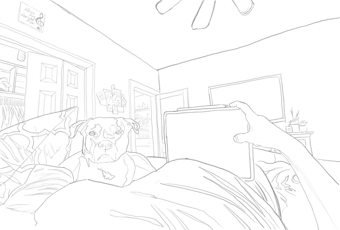 Sketch for the iPad in bed interior scene.
