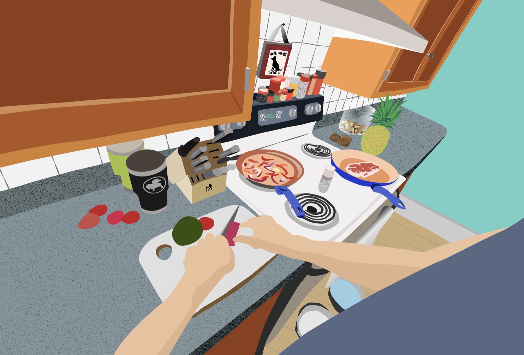 Finished vector illustration of preparing food in a kitchen.