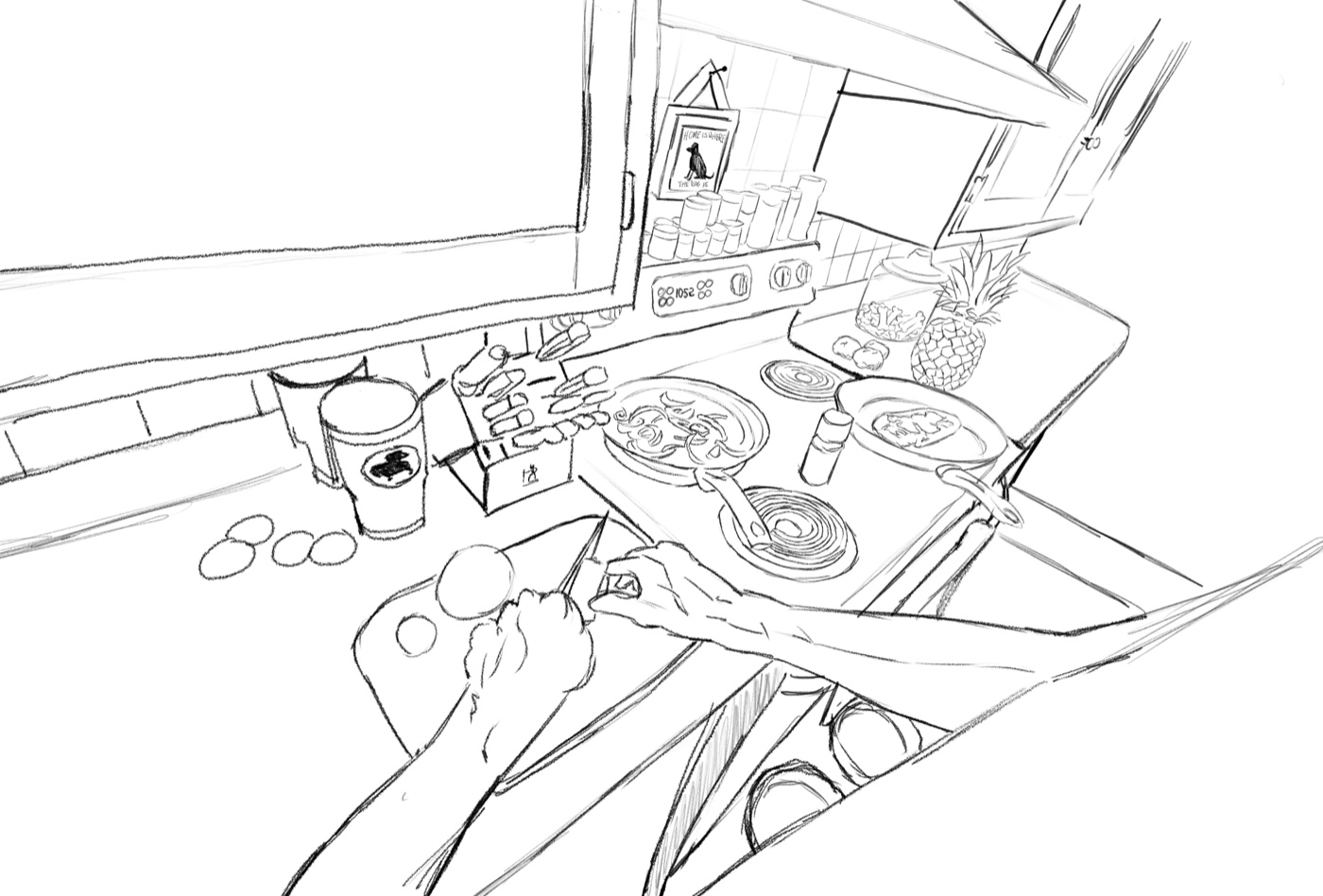 Sketch for the kitchen interior scene.