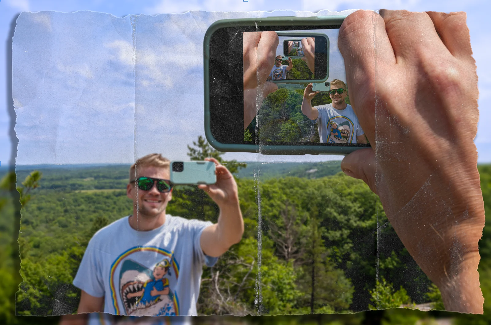 Fragmentation Untitled 1, a digital photomanipulation using recursive phone-screen self-portrait imagery and torn paper textures.