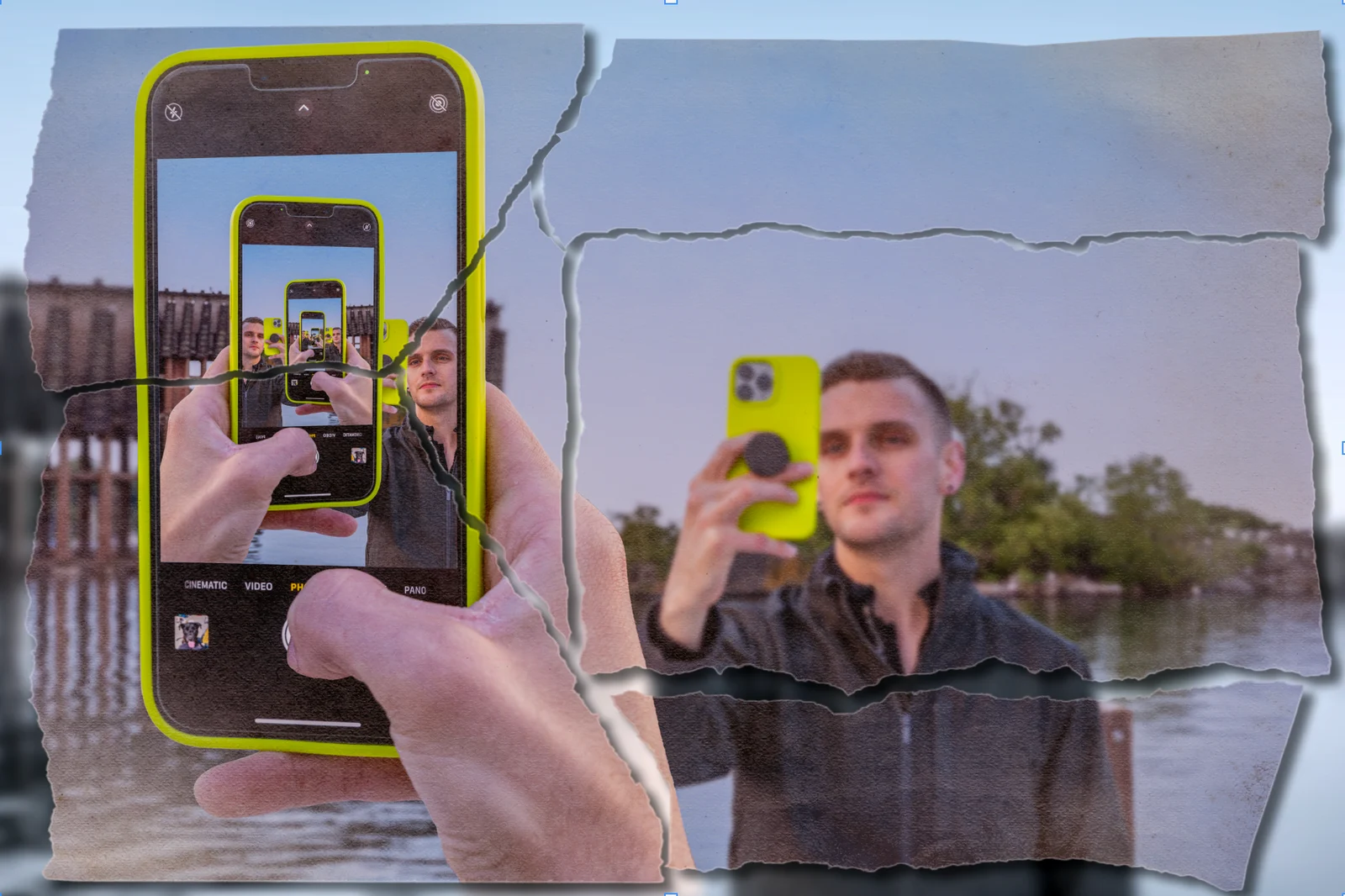 Fragmentation Untitled 2, a digital photomanipulation of a phone-screen portrait repeated through a handheld device and mirror-like framing.