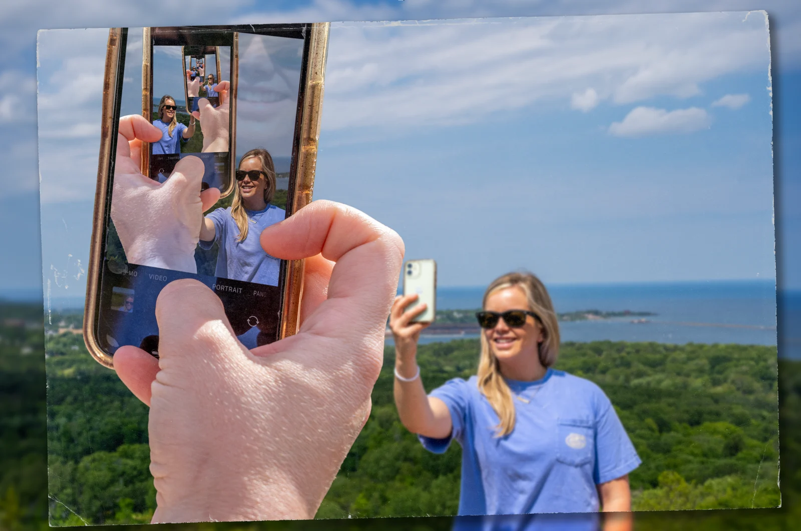 Fragmentation Untitled 3, a digital photomanipulation of a recursive phone selfie scene with textural border treatment.