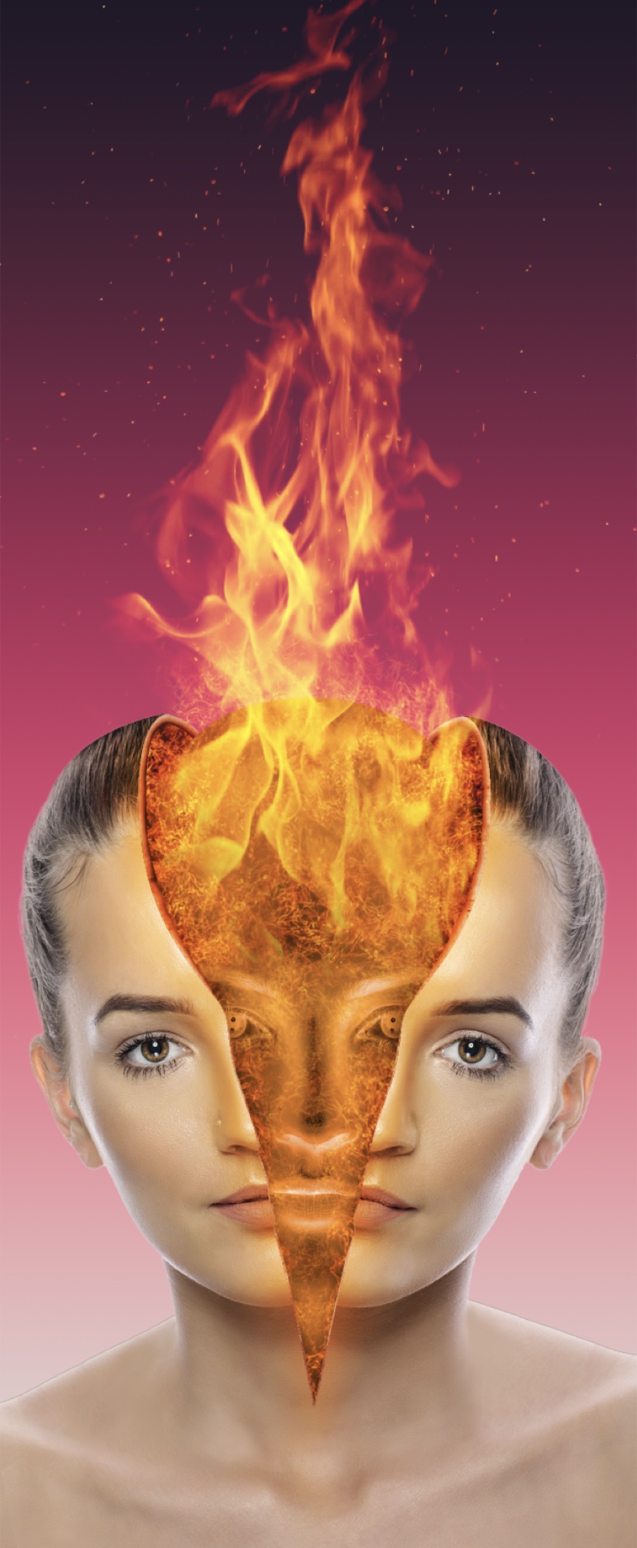 A composite portrait split open by flame, with a second face formed inside the fire.
