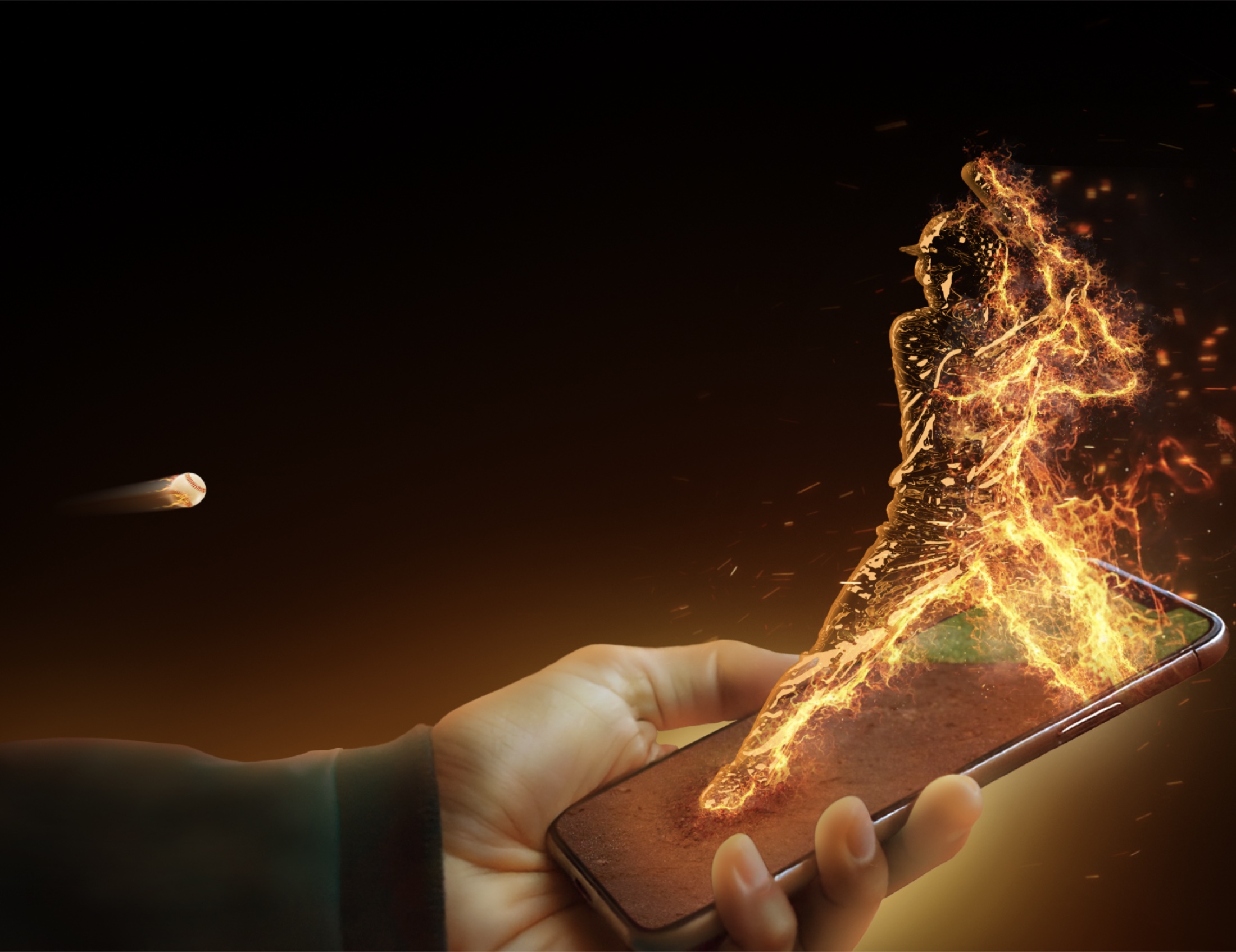 A fiery baseball player emerging from a phone while a baseball streaks through a dark scene.
