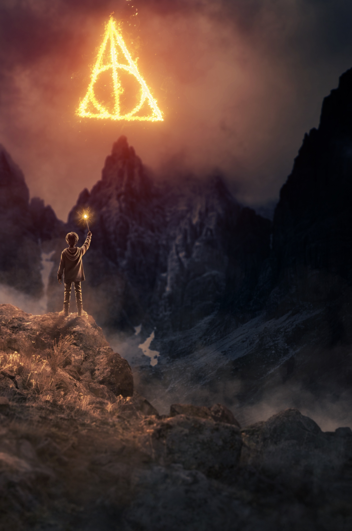 A figure on a mountain ridge raises a wand toward a glowing symbol in smoky light.