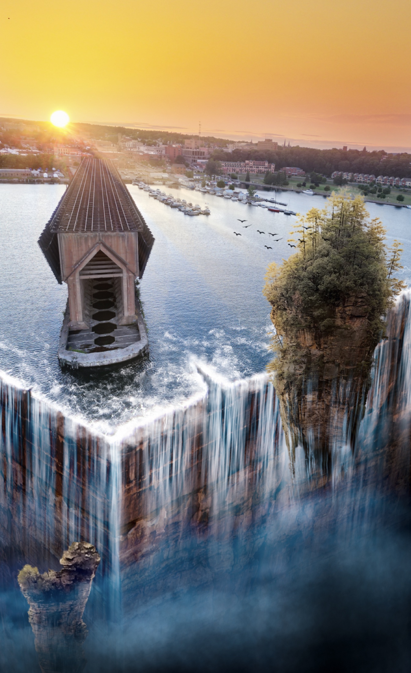 A composite aerial scene where a bridge and island appear suspended above a waterfall edge.
