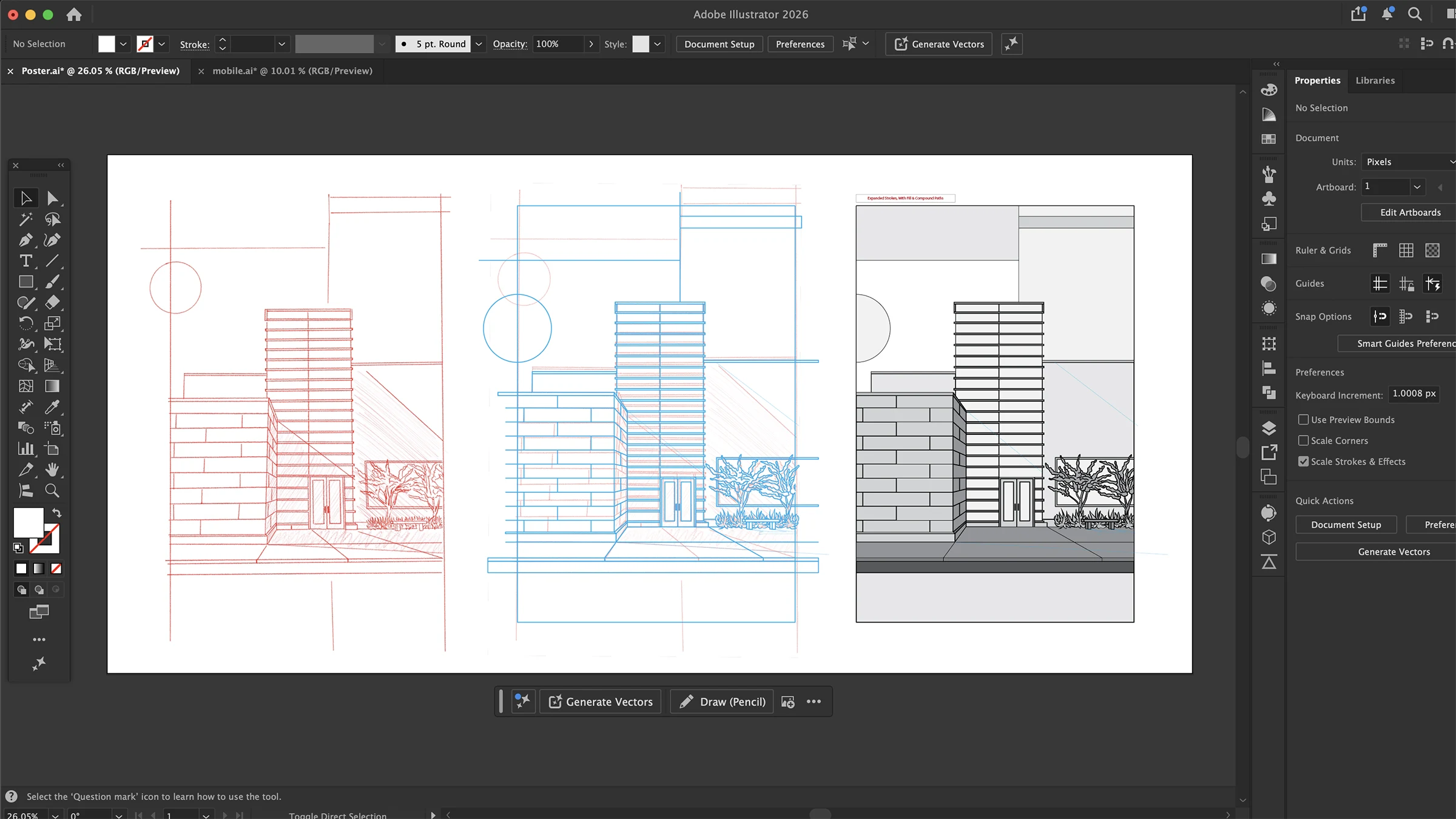 Process view of design work with vector drafts, artboards, and layered image-making.