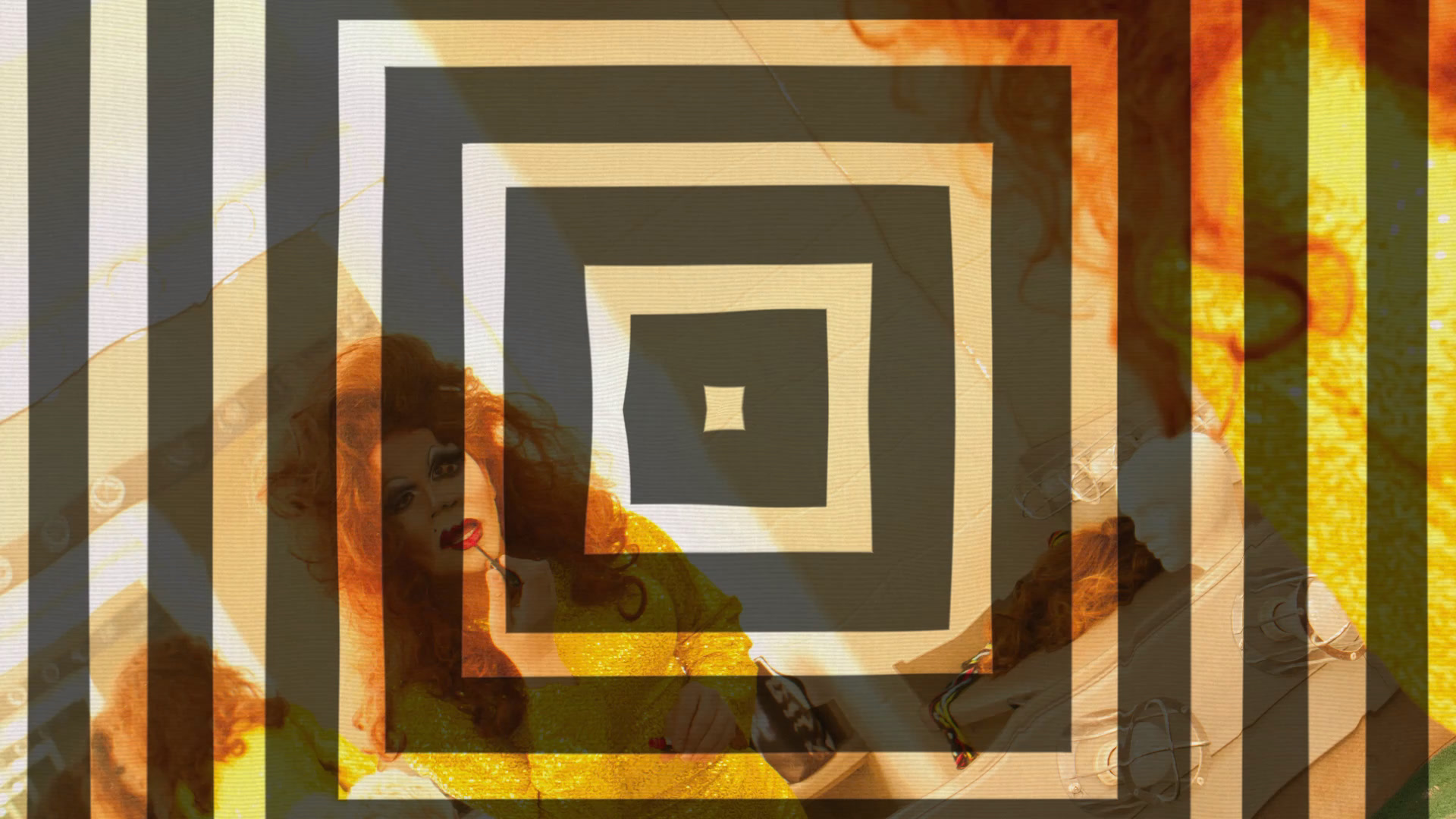 A performer preparing at a mirror appears through nested square echoes in warm yellow and orange.