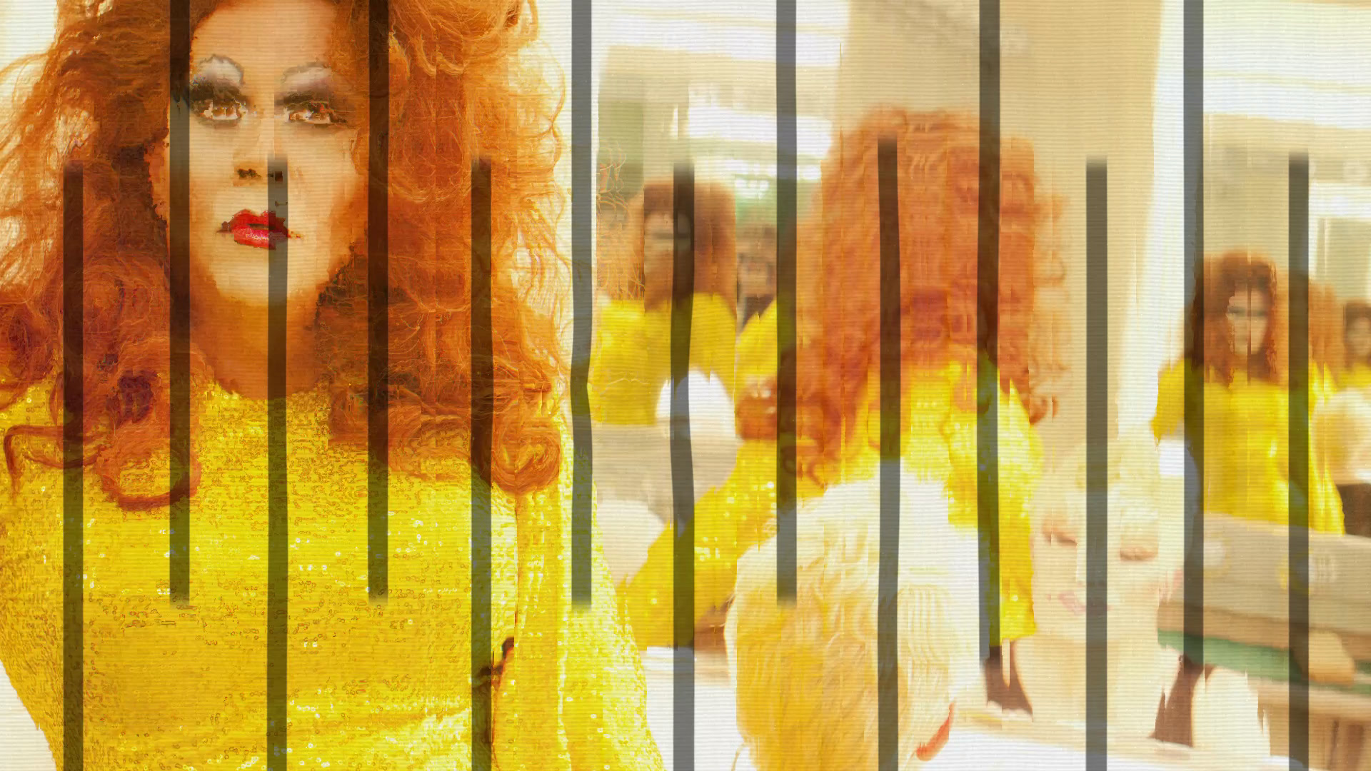 A red-haired performer in yellow is repeated across vertical slats and reflected layers.