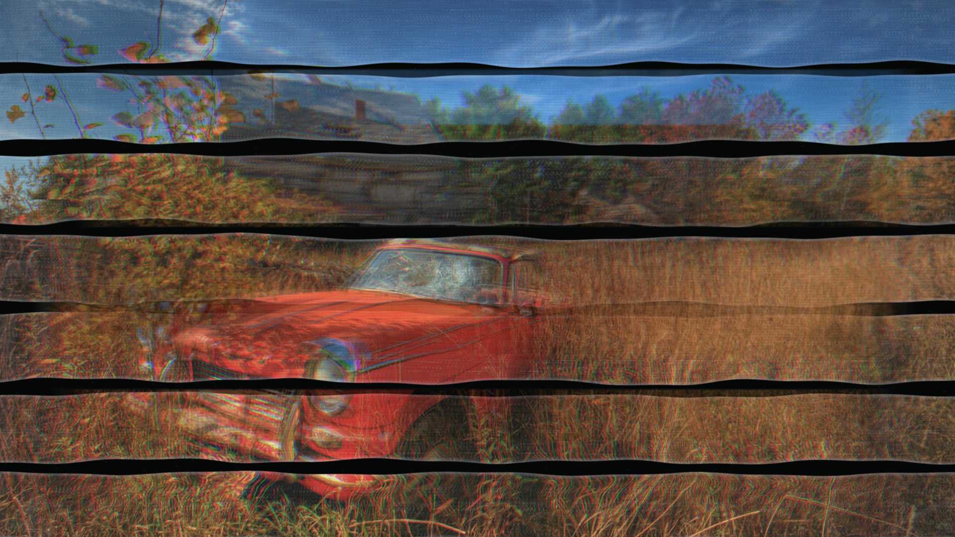 Authored Modulate result: the same red-car photograph in uneven horizontal bands with black gaps and a rippling surface.