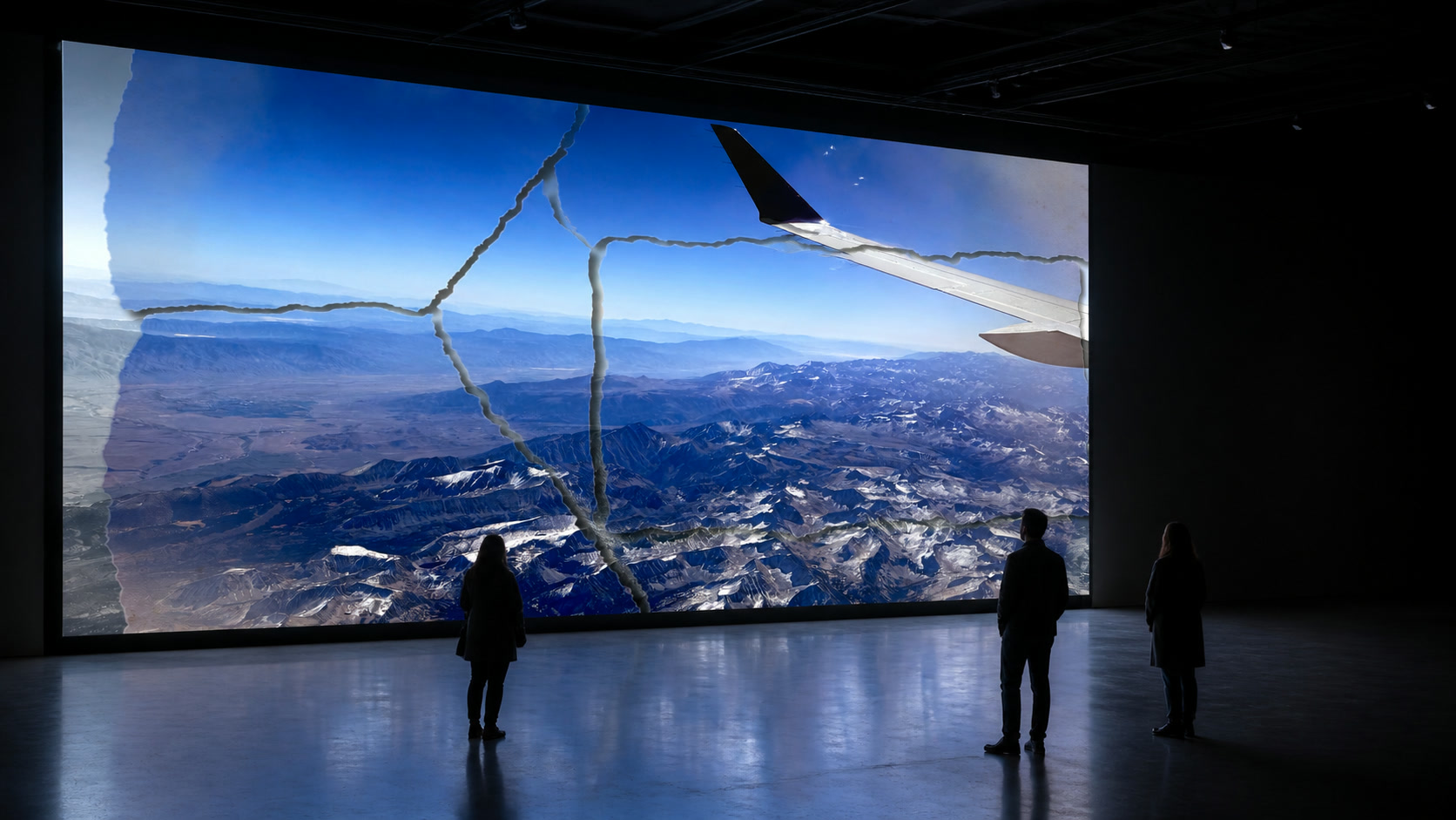 Concept visualization of a dark gallery with viewers facing a large projection of a fragmented mountain photograph.
