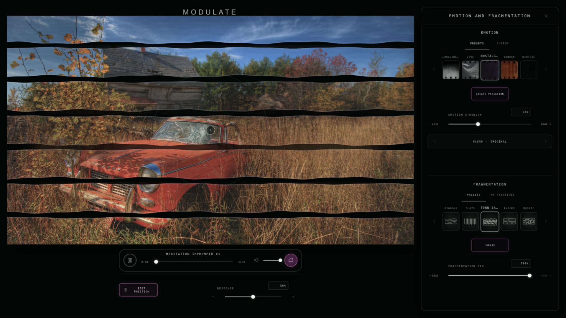 Old Memories in Modulate’s Affect workspace, with Emotion and Fragmentation controls beside the artwork.