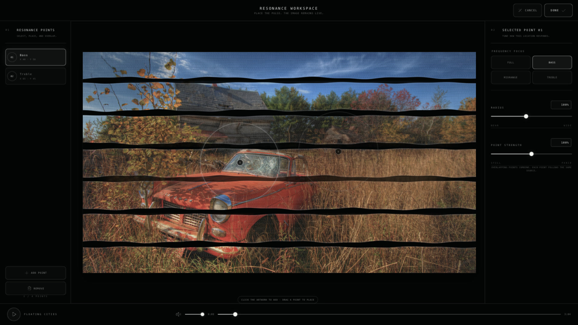 The Music resonance workspace places bass and treble response points around the Old Memories artwork.