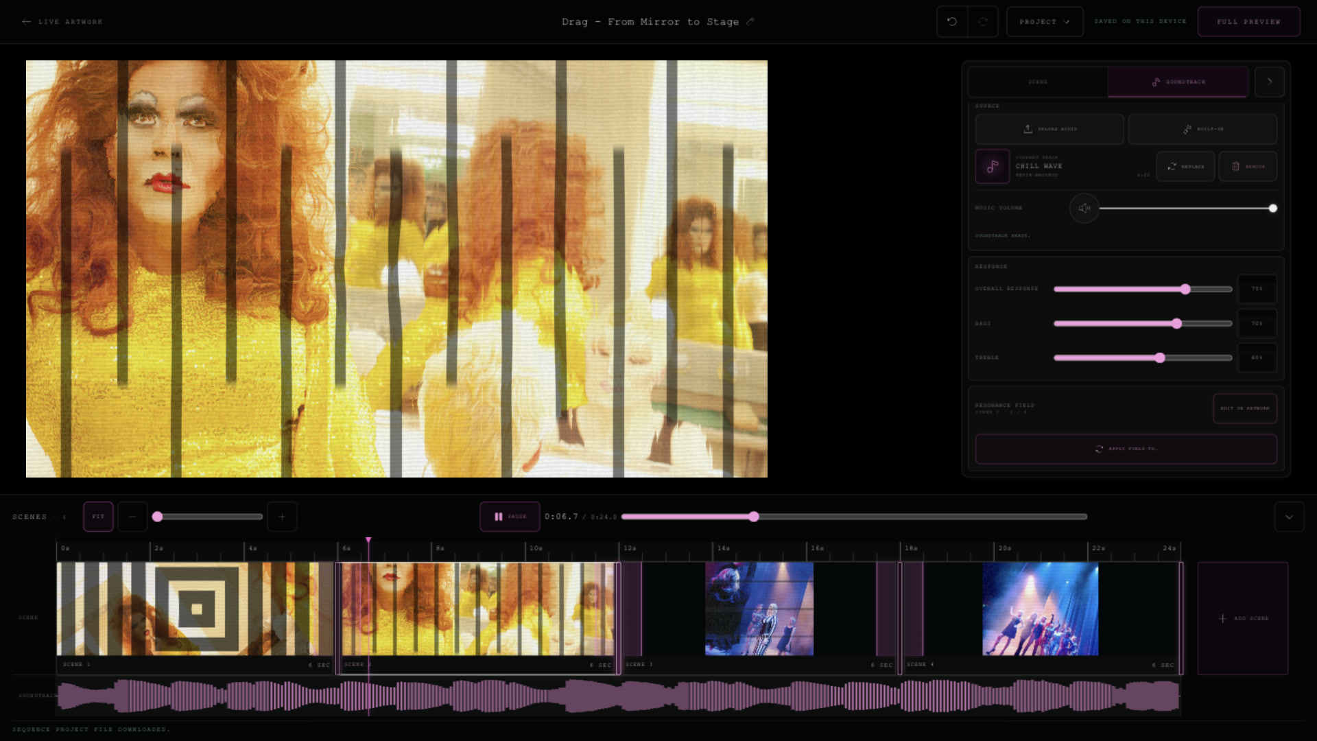 From Mirror to Stage in the Sequence editor, showing four scene thumbnails, a timeline, and the Chill Wave audio waveform.